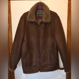 BUFFALO DAVID BITTON - MEN’S BROWN FAUX LEATHER/FAUX SHEARLING JACKET - LARGE